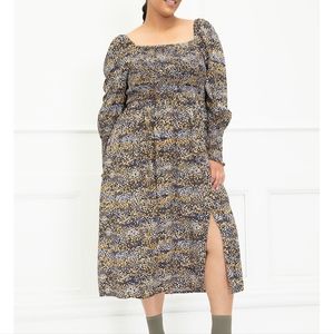 Eloquii Bodice‎ Puff Sleeve Spotted Print Midi Dress